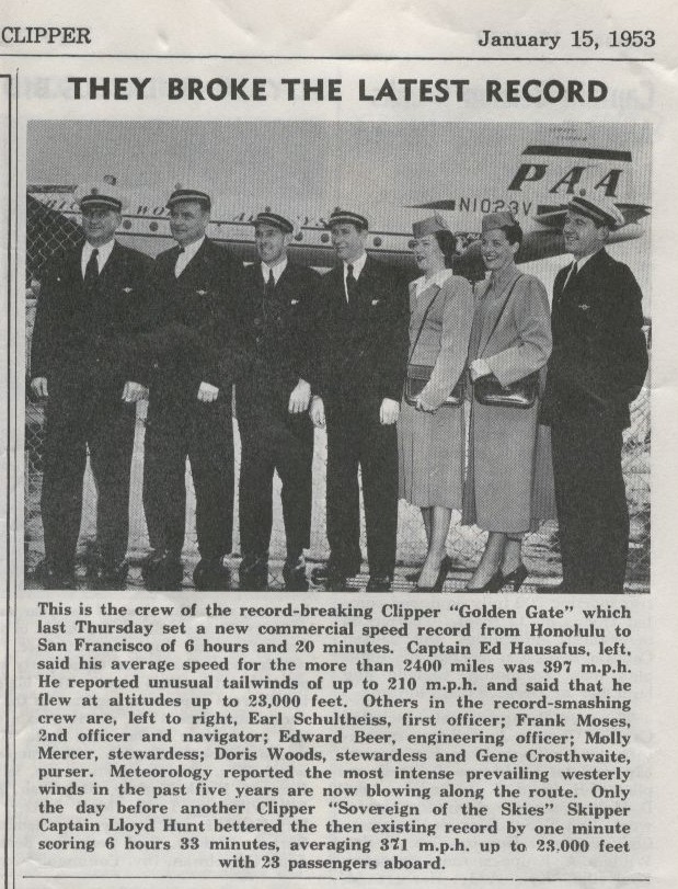 1953, January 15, The crew of a speed record breaking flight from Honolulu to San Francisco pose for a photo with details of the flight printed below.